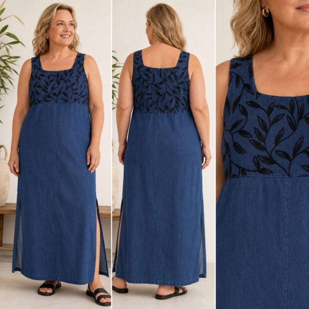 Vintage TY Wear Denim Maxi Dress Embroidered Women 20W Blue Cotton Cottagecore